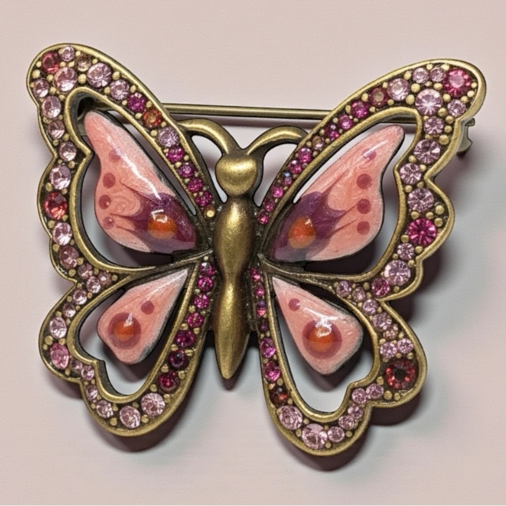 Jay Strongwater Butterfly Brooch Enamel Pink Swarovski Crystals Designer Signed